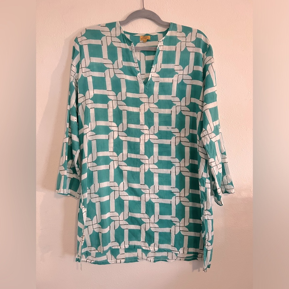 Roberta Roller Rabbit Teal and White Knot Print Tunic Top Cover Up L Large